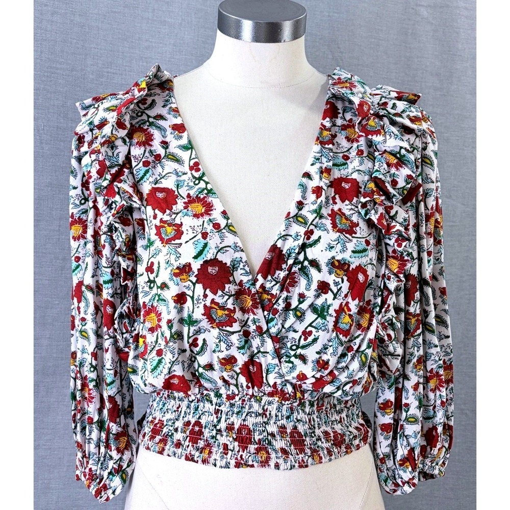 Celina Moon Floral Ruffle‎ Deep V Smocked Crop Top XS Viscose Boho
